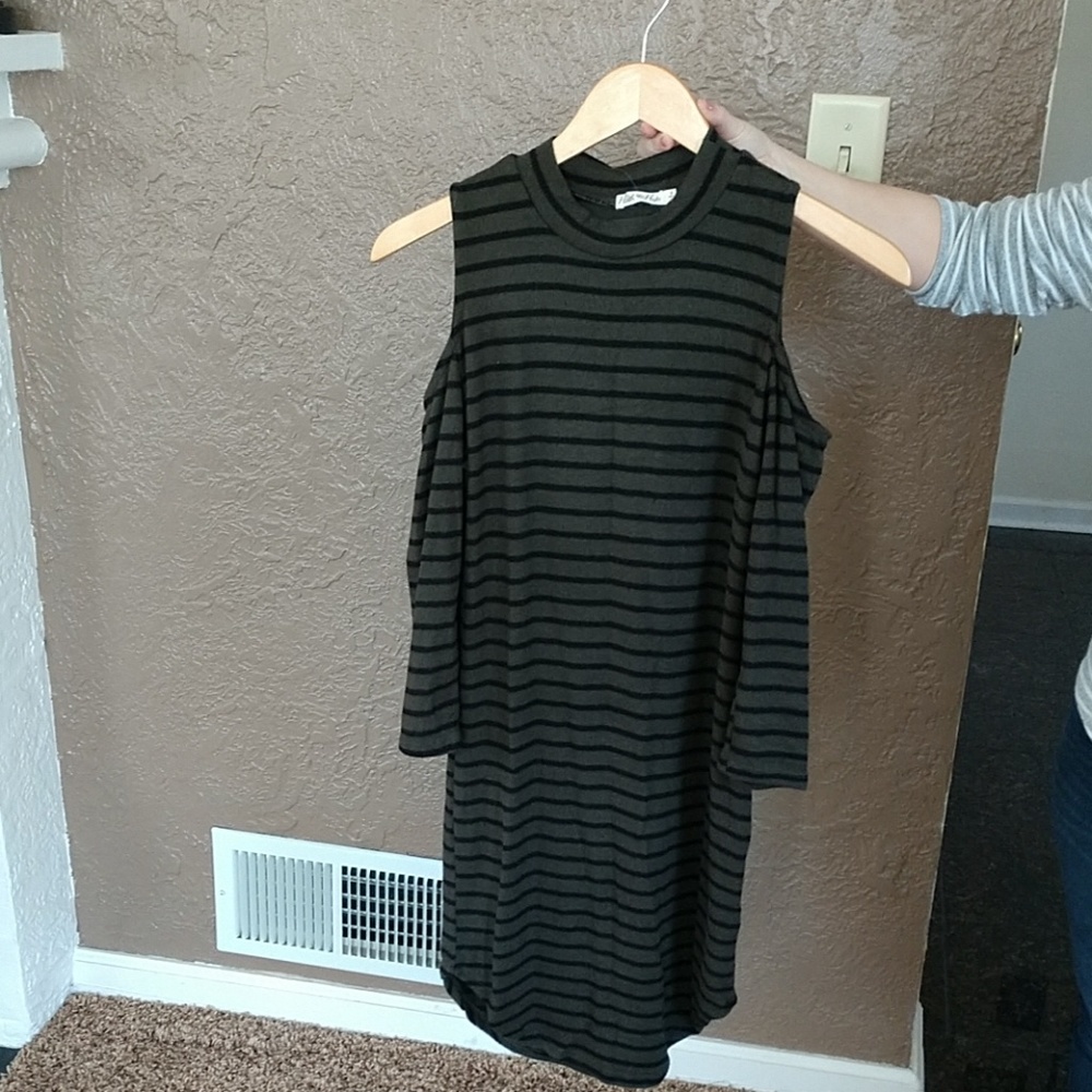 Olive and black stripped open shoulder dress.